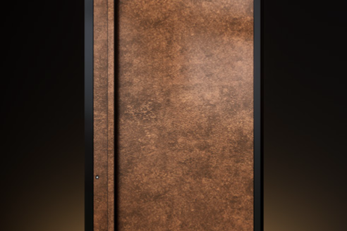 Oversized front door with contemporary Corten finish